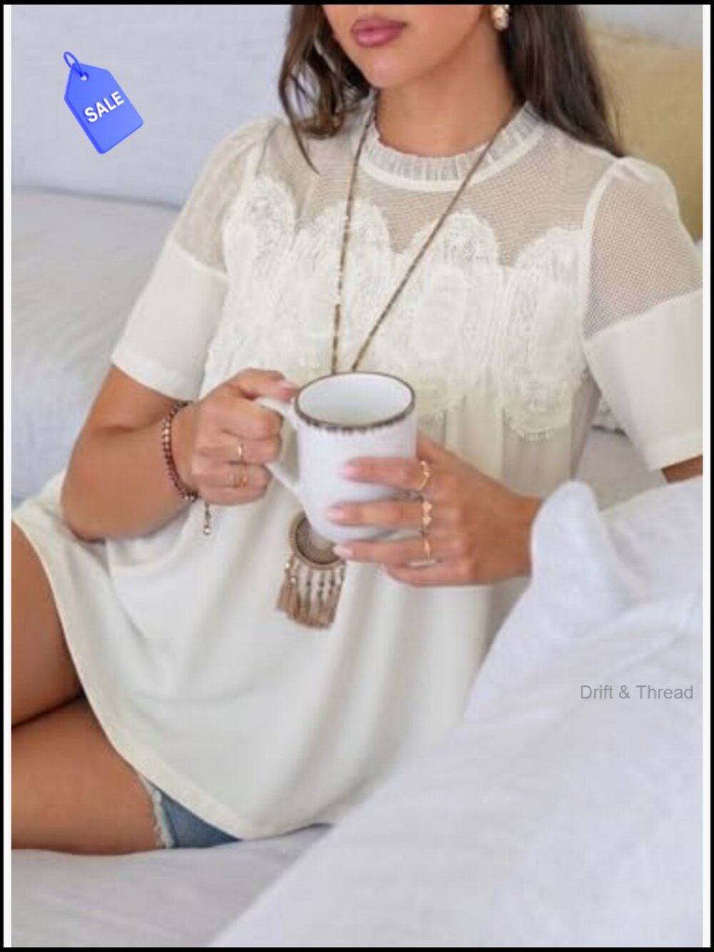Lace Blouse Elegant Flared Swing Top Crew Neck Short Sleeve Embroidered Mesh - Picture 3 of 7